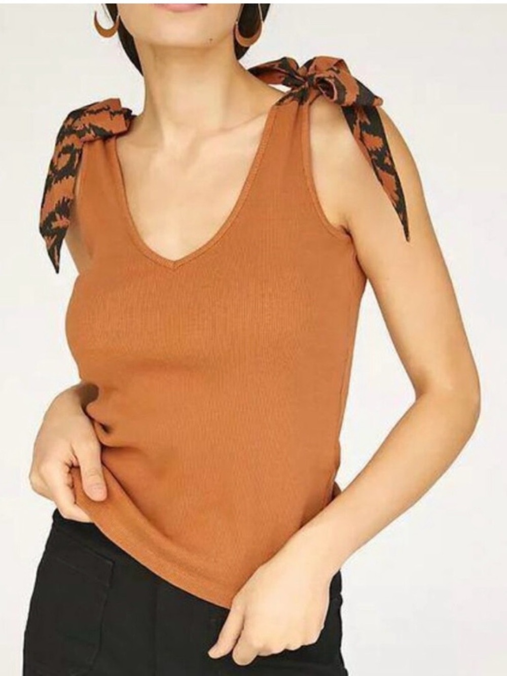 Maeve Tie-Shoulder Ribbed Rust Tank Top